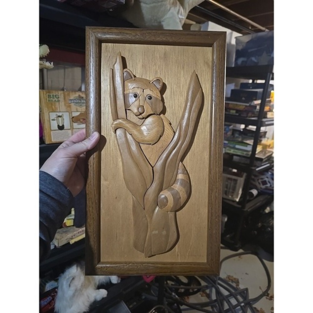 Hand crafted 3D Intarsia Wood Art RACCOON Sign‎ Wall Plaque